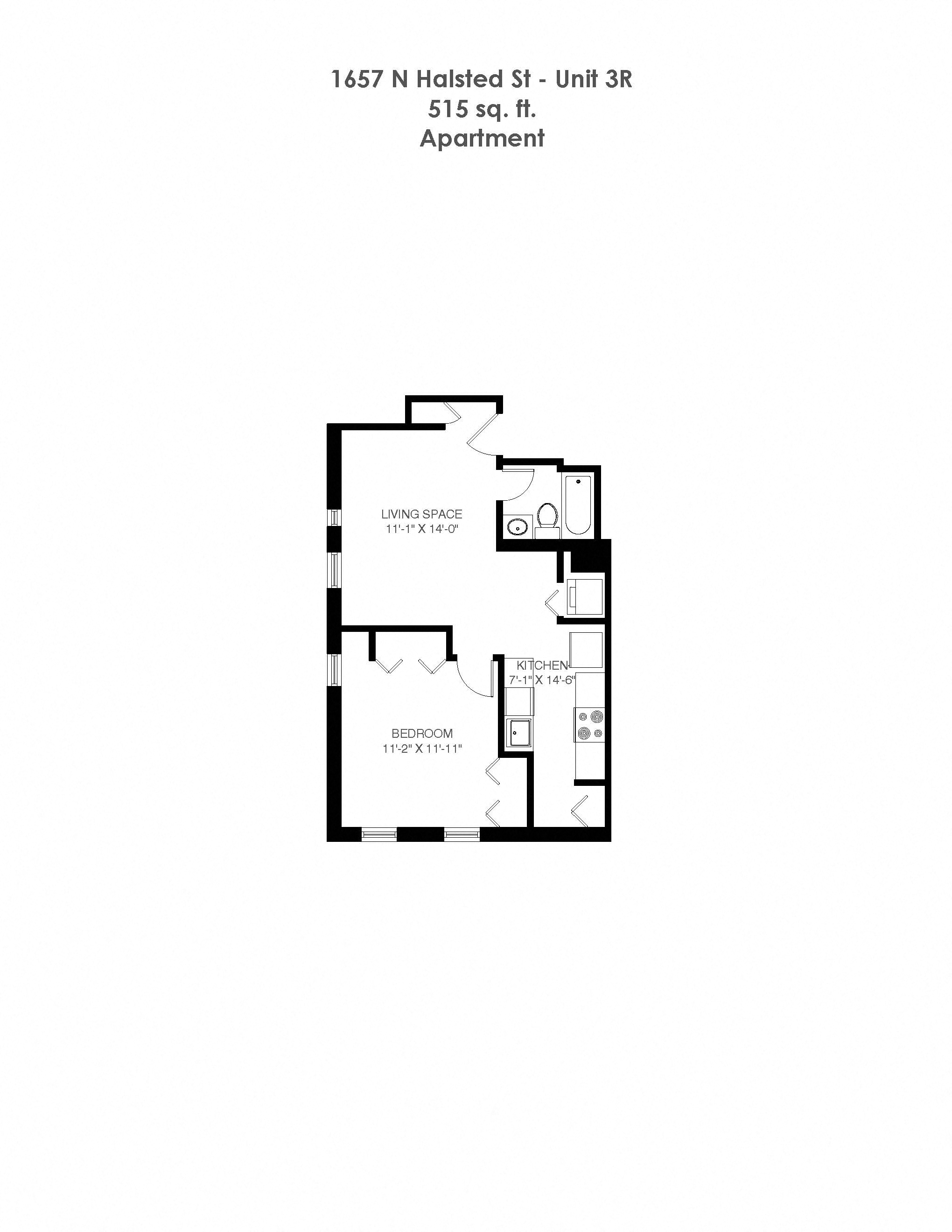 Floor plan for 1 bed, 1 bath, 515 sqft
